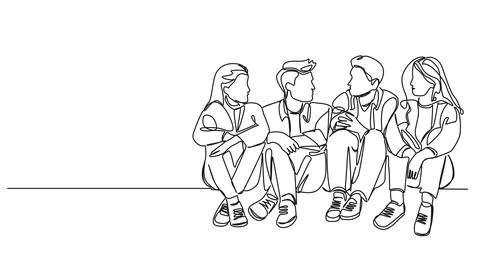 Single line drawing of group of young people sitting on ground talking Illustrazione stock