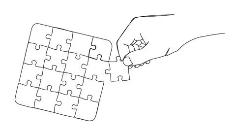 Single line drawing of hand adding last missing puzzle piece to jigsaw puzzle イラスト素材