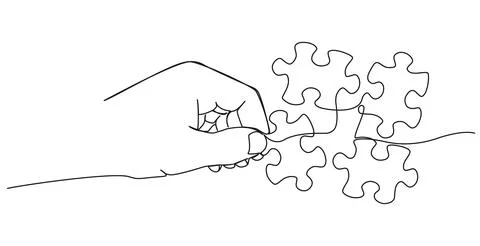 Single line drawing of hand holding jigsaw puzzle piece イラスト素材