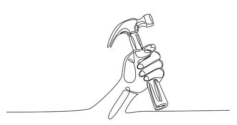 Single line drawing of hand holding hammer イラスト素材
