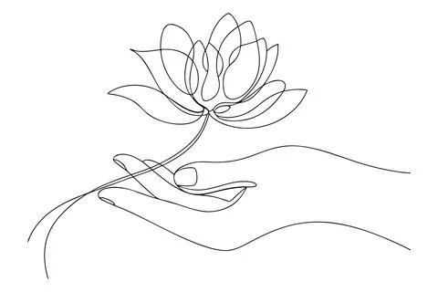 Single line drawing of a hand holding a lotus flower Stock Illustration