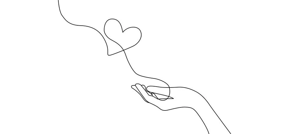 Single line drawing of a hand offering a heart, symbolizing love and care V.. Illustrazione stock