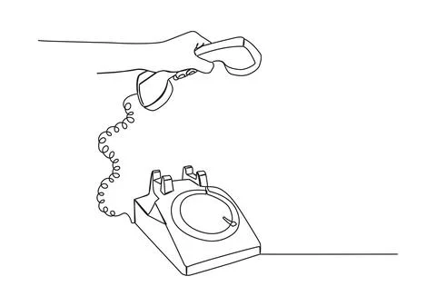Single line drawing of hand picking up receiver of rotary dial telephone Stock Illustration