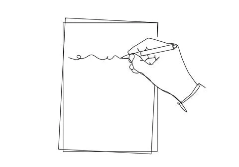 Single line drawing of hand writing with pen on sheet of paper Illustrazione stock