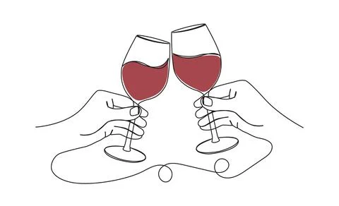Single line drawing of hands clinking glasses with red wine Illustrazione stock