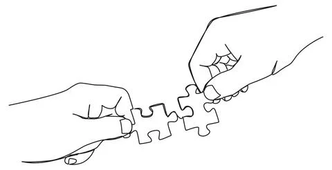 Single line drawing of hands of two people connecting puzzle pieces Stock Illustration
