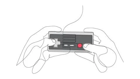 Single line drawing of human hands holding vintage game console remote control. Stock Illustration