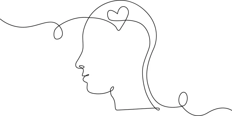 Single line drawing of a human head silhouette with a heart inside Vector Stock Illustration