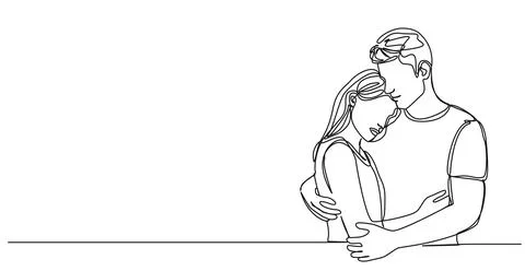 Single line drawing of man and woman tenderly embracing each other イラスト素材