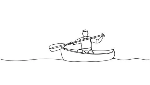 Single line drawing of man in canoe on lake or river Illustrazione stock