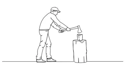 Single line drawing of man chopping wood with axe イラスト素材