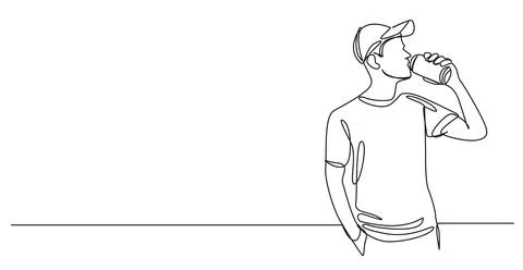 Single line drawing of man drinking from soda can イラスト素材