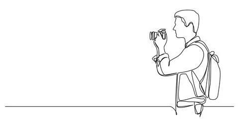 Single line drawing of man holding DSLR camera イラスト素材