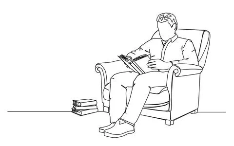 Single line drawing of man sitting in armchair reading a book Stock Illustration
