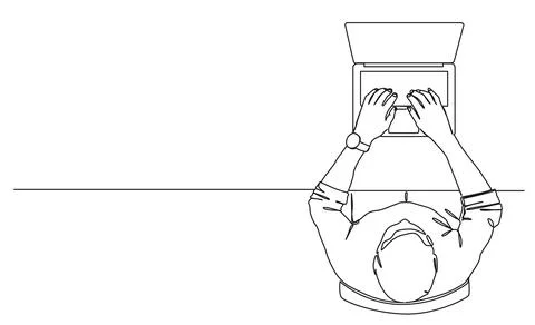 Single line drawing of man sitting at desk using laptop computer Stockillustratie