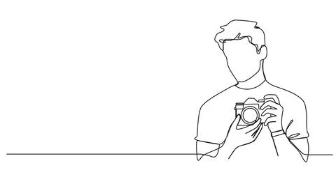 Single line drawing of man taking picture with camera Illustrazione stock