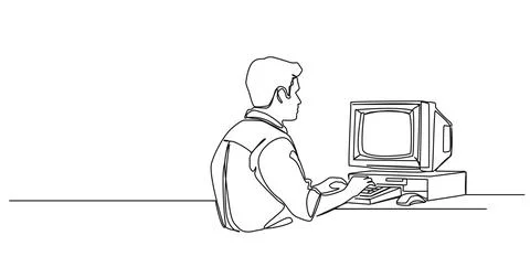 Single line drawing of man using old personal computer with crt monitor Stock Illustration