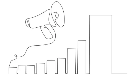 A single line drawing of a megaphone above a bar graph, showing growth Stock Footage 282146806