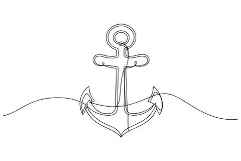 Single line drawing of a nautical anchor with wavy lines Stock Illustration