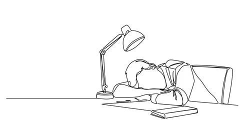 Single line drawing of overworked man sleeping at office desk Stock Illustration