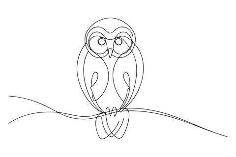 Single line drawing of an owl perched on a branch bird Stock Illustration