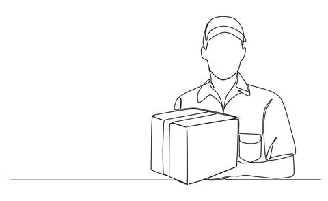 Single line drawing of package delivery person holding parcel 스톡 일러스트