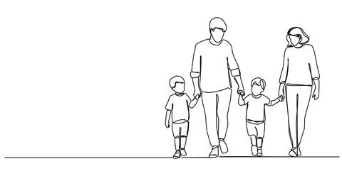 Single line drawing of parents with two young boys walking hand in hand Illustrazione stock