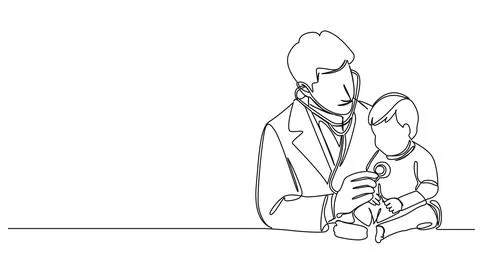 Single line drawing of pediatrician using stethoscope on toddler イラスト素材