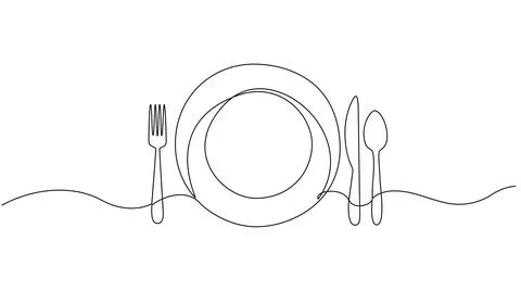 Single line drawing of plate with fork, knife and spoon 스톡 일러스트