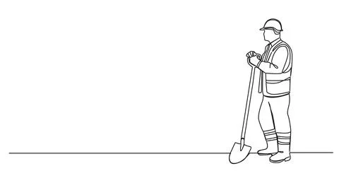 Single line drawing of roadworker or construction worker holding shovel Stock-Illustration