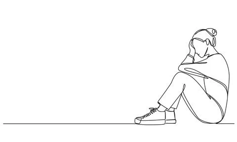 Single line drawing of sad and stressed woman sitting on floor holding her head イラスト素材
