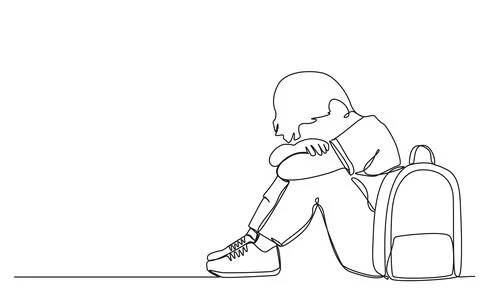 Single line drawing of sad boy with schoolbag sitting on floor covering his face Illustrazione stock