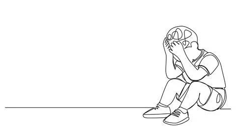 Single line drawing of sad or frustrated toddler boy sitting on floor Illustrazione stock