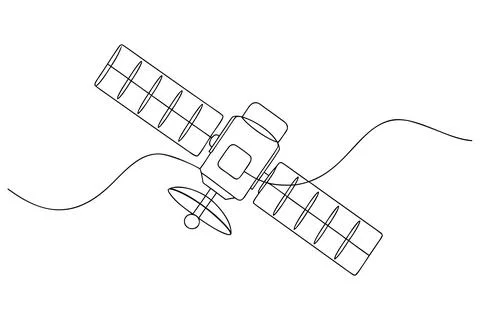 Single line drawing of a satellite in orbit space technology Stock-Illustration