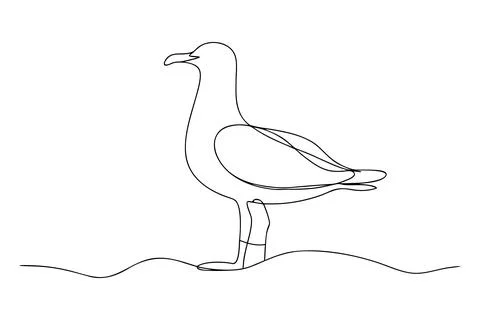 Single line drawing of a seagull standing on wavy ground Stock Illustration