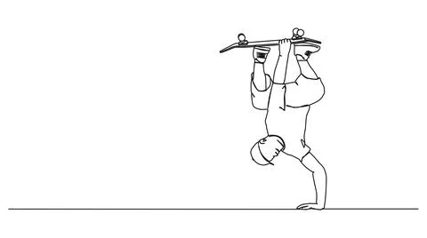 Single line drawing of skateboarder doing handplant trick イラスト素材