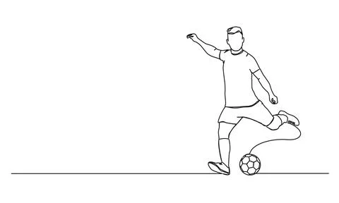 Single line drawing of soccer player kicking ball Illustrazione stock