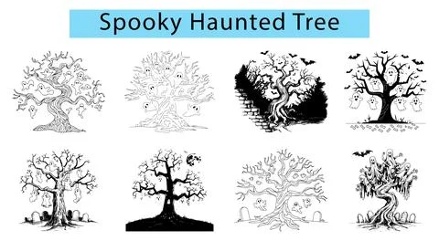 Single line drawing of a spooky haunted tree on a white background, spooky .. イラスト素材