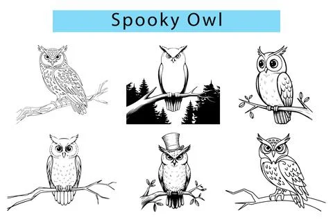A single line drawing of a spooky owl sitting on a branch, spooky owl vector Stock Illustration
