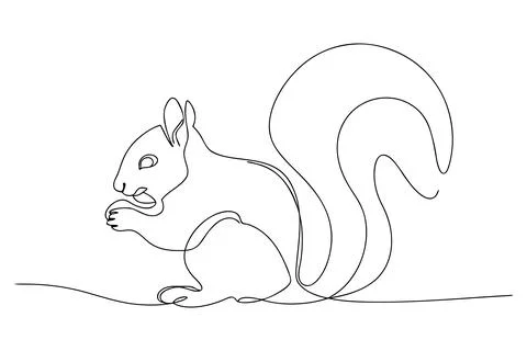 Single line drawing of a squirrel eating animal rodent Stock Illustration