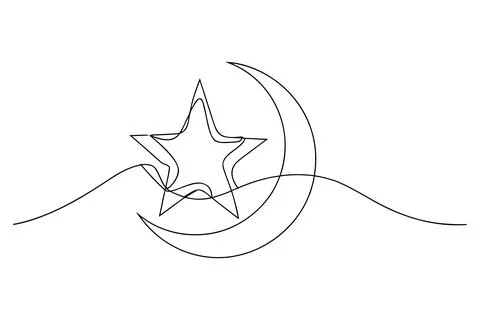 Single line drawing of a star and crescent moon night sky Illustrazione stock