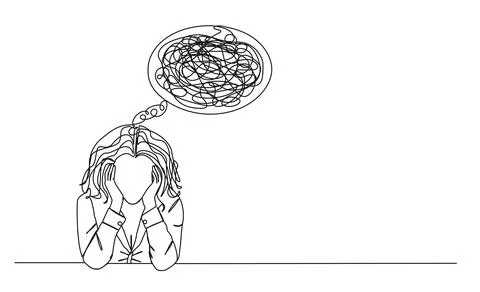 Single line drawing of stressed and confused woman with head in hands イラスト素材