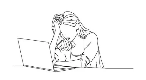 Single line drawing of stressed and frustrated woman using laptop computer Stock Illustration