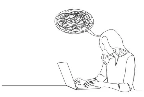 Single line drawing of stressed or confued woman using laptop computer イラスト素材