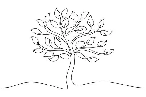 Single line drawing of a stylized tree with leaves Stock Illustration