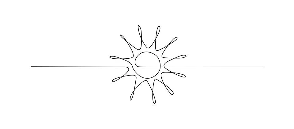 Single line drawing of a sun with rays, a horizontal line below it, 70 Vector Illustrazione stock