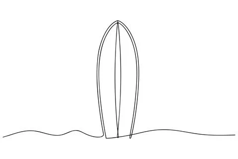 Single line drawing of a surfboard on waves surfing Stock Illustration