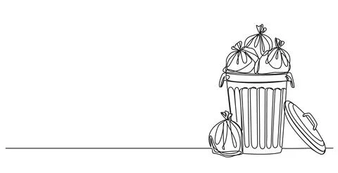 Single line drawing of trash can overflowing with trash bags Illustrazione stock
