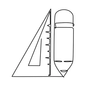 Single line drawing of a triangle ruler and a pencil Stock Illustration