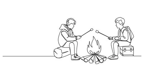 Single line drawing of two boys roasting marshmallows over campfire イラスト素材
